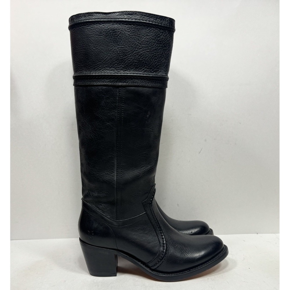 Frye Black Leather Mid-Heel Knee Boots